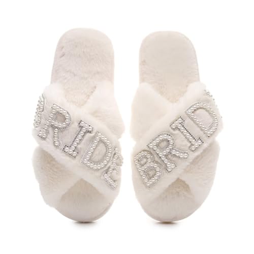 KEYUSHOP Bride Slippers for Wedding White Soft Women's Wedding Shoes Fuzzy Cross Band House Slippers Open Toe Bridal Shower Party