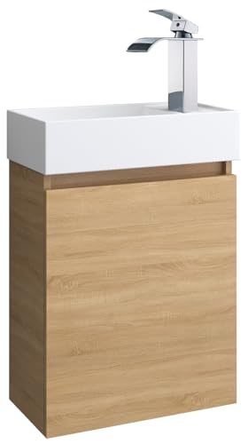 Faizee Home | Badmöbel Set Eiche – Waschtisch mit Unterschrank & Keramik-Waschbecken | Inkl. Wasserfall-Armatur in Chrom | Modernes Badezimmermöbel mit elegantem Design