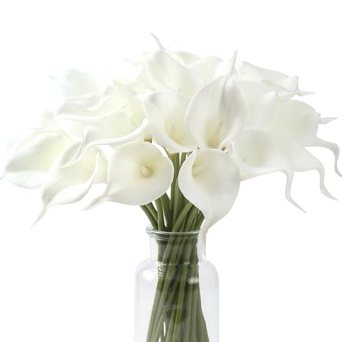 SITUMEIZI 24 PCS White Fake Flowers Artificial Calla Lily PU Flowers Real Touch for Home Kitchen Decor Wedding Bouquet Office Decoration(Pure White)