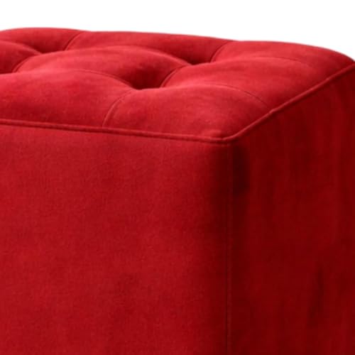 Image of Velvet Cube Ottoman Stool | Upholstered Pouffe with Tufted Design | Soft Footrest Sofa Side Stool for Living Room, Bedroom & Lounge - Red