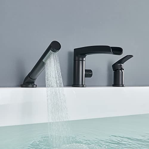 Grifo Wowkk Waterfall Roman para bañera, negro, montaje en cubierta, grifería de latón con ducha de mano miniatura 6