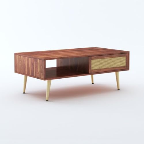 Image of MAMTA DECORATION Solid Sheesham Wood Coffee Table for Living Room | Wooden Center Table with Drawer & Open Shelf Storage for Home, Hall & Lounge | Modern Teapoy /Tea Table | Honey Finish