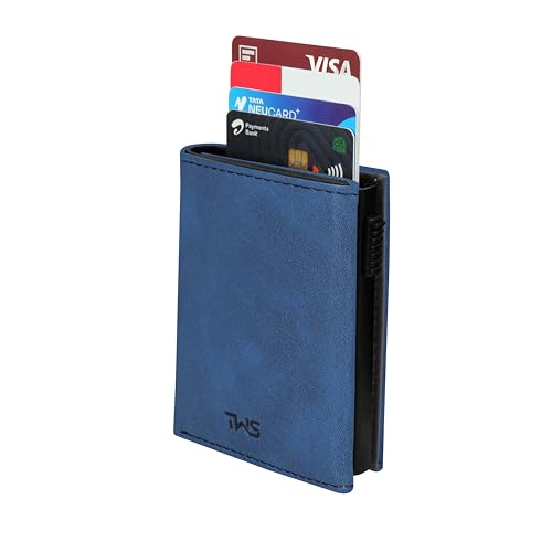 Image of The Wallet Store SlideX Neo RFID-Protected Pop-Up Card Holder Wallet for Men | Minimalist Leather Smart Wallet with Quick Access Ejector | Compact Dual-Color Card Case | Holds 6-10 Cards (Blue)