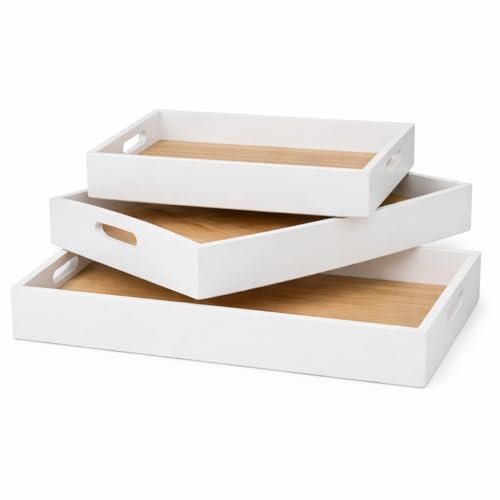 3er Set Holztablett Weiß/Natur – Dekotablett & Serviertablett mit Griffen – Kerzentablett Holz rechteckig mit hohem Rand – Frühstückstablett, Couchtisch Deko, Landhaus Stil