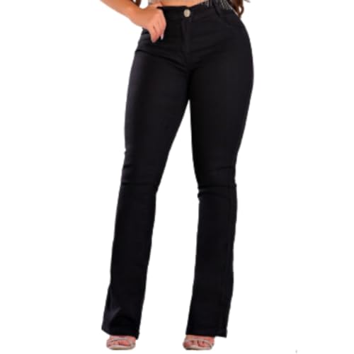 Calça Jeans Feminina Flare Lavagem Escura Cor:Preto;Tamanho:46;Gênero:Feminino