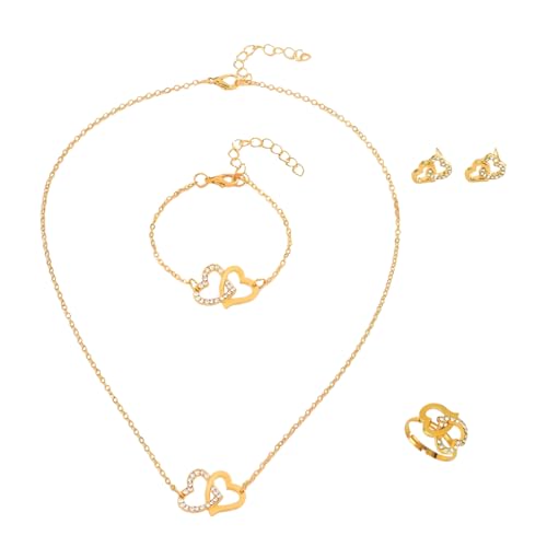 Bcenoilua Schmuck Set Damen und Mädchen Zirkonia Edelstahl Herzform Kette Anhänger Halskette Ohrringe Armband Ring set 18K Vergoldet Versilbert Doppel Herz Schmuckset (Gold,...