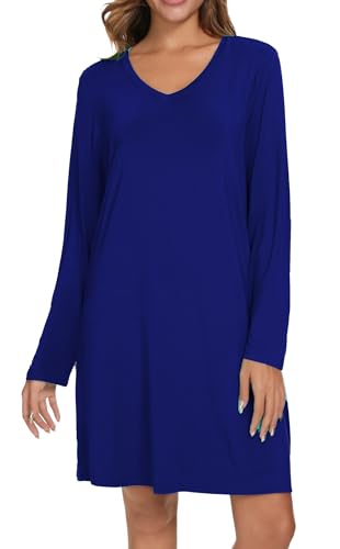 Image of Kabento 2 Pack Long Sleeve Nightgowns for Women Soft Cotton Night Gowns Sleepwear V Neck Nightshirts