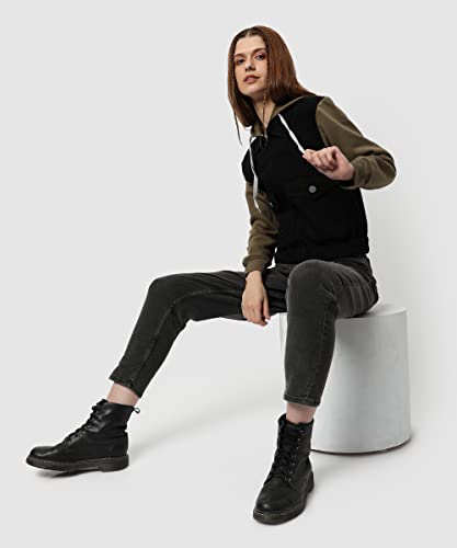 Image of Campus Sutra Women's Black & Olive Green Regular Fit Denim Jacket For Winter Wear | Collared Neck | Full Sleeve | Buttoned | Casual Jacket For Woman & Girl | Western Stylish Jacket For Women