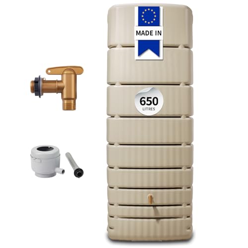 4rain Slim Kit Récupérateur d’Eau de Pluie 650L Sable – Cuve Murale de récupération Robuste – Réservoir d’Eau de Pluie + Robinet PE Imitation...