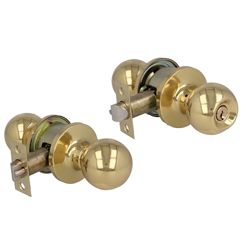 Amig - Juego de pomos tipo bola | Con llave exterior | Picaporte de entrada 60/70 mm | Canto cuadrado | Latón | Dorado | Puertas de grosor de 35 a 45 mm