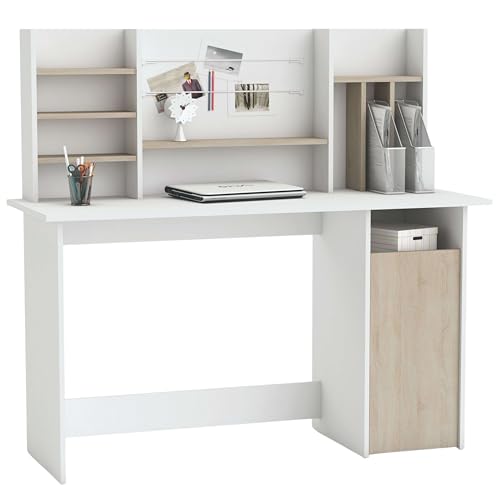 Mesa de Ordenador Escritorio con altillo 135cm. Blanco y Roble. para habitación Juvenil, Estudio, despacho.