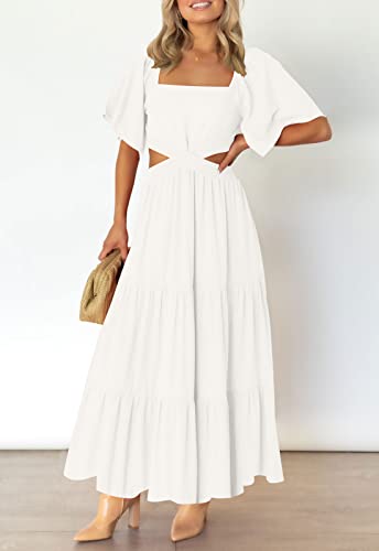 LEANI Women's 2025 Summer Cutout Maxi Dress Square Neck Short Sleeve Crossover Waist Casual Party Dresses2