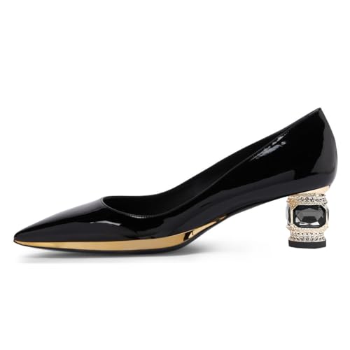 FSJ Women Bridal Pointed Toe Chunky Block Low Heel Crystal Pumps Gold Trim Slip on Comfort Wedding Dress Shoes Size 4-16 US3