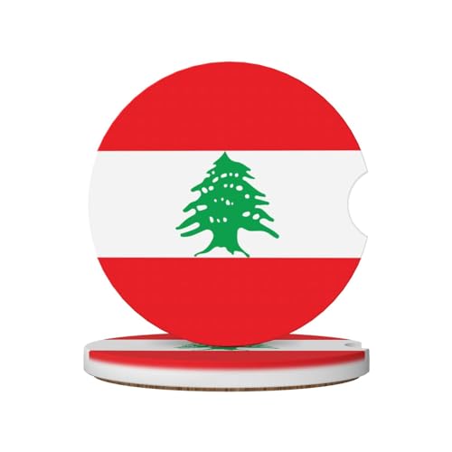 Phayah Lot de 2 sous-verres de voiture Drapeau du Liban de 6,5 cm en céramique avec base en pierre et liège, accessoires automobiles pour homme et femme