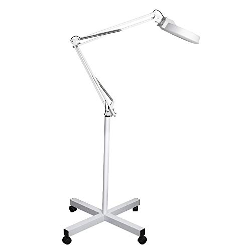 Funwill 10X Magnifying Floor Lamp, Folding Magnifying Glass with 4 Wheels LED Magnifier Lamp Adjustable Rolling Floor Stand Magnifying Glass Cyan Lens for Professional Use & Beauty Manicure Tattoo