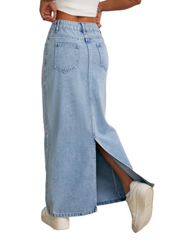 Women's Bow Embroidery Slit Long Denim Skirt2