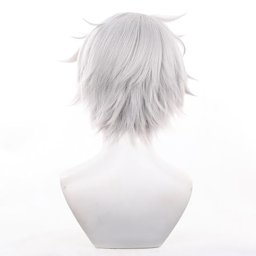 Image of Phainon Hero Character Anime Grey White Wigs Men Short Straight Wig with Side-Part Bangs Women Adult Halloween,Christmas,Comic con,Party