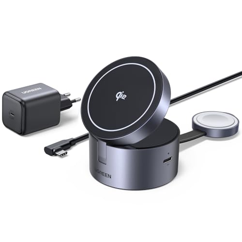 UGREEN MagFlow 3-in-1 Ladestation für Apple Watch und iPhone, Qi2 zertifiziert 15W Magsafe kompatibles Ladegerät, 70° einstellbare Ladestation für iPhone 17/16/15/14/13/Watch/AirPods, mit 45W Netzteil