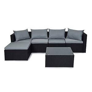 EVRE Miami Black Outdoor Rattan Garden Furniture Set for Patio Conservatories with 5 seat Modular Sofa Glass Top Coffee Table Foot Stool Cushions and Fade Resistance