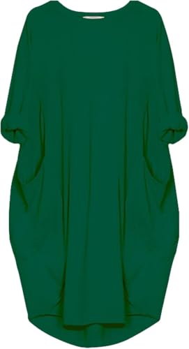 aromm Damen T Shirts Rundhalsausschnitt Kleid Lose Einfach Lässig Übergröße Midi Longshirt mit Taschen Grün,L