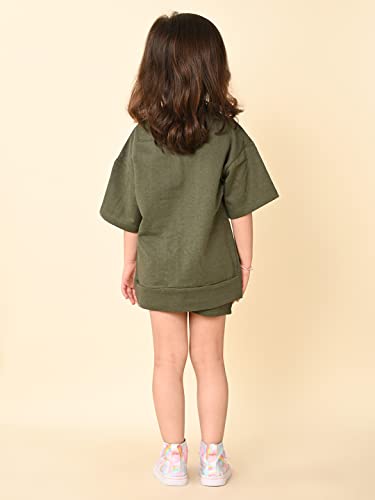 Image of LILPICKS Girls Text Printed Oversized Tee with Shorts Set (Green)