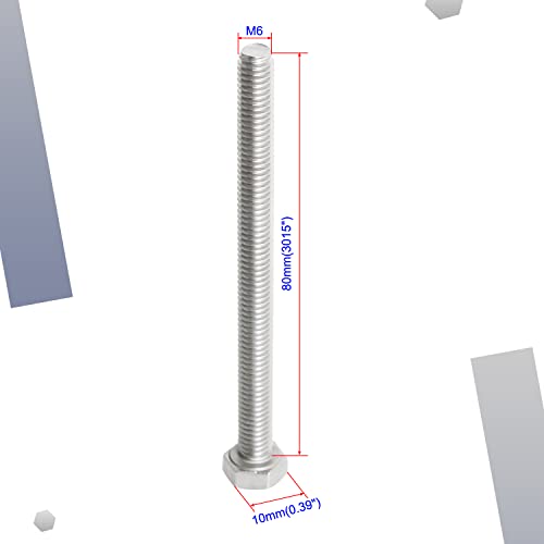Image of M6 x 80mm Hex Head Bolts Screws Grade 5.8 Stainless Steel, Fasteners Fully Machine Threaded SUS304 10 Pcs