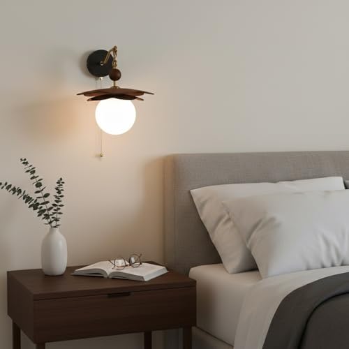 Aplique de pared nórdico E27 con globo de vidrio esmerilado y brazo de madera 7