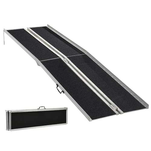 HOMCOM Wheelchair Ramp 10FT, Folding Aluminum Threshold Ramp with Non-Slip Surface, Transition Plate, 594lbs Weight Capacity for Home, Doorways, Curbs, Steps