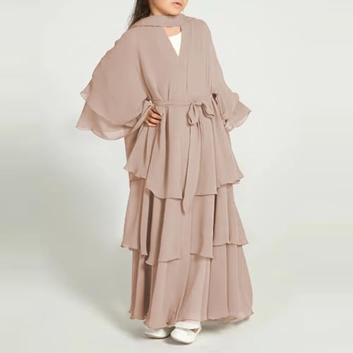Girls Muslim Dress Open Front Cardigan Robe Three-layered Chiffon Kaftan 𝗜slamic Abaya Kimono Dubai Maxi Dress3