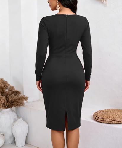 Image of Funeral Church Dresses for Women Formal Long Sleeve Wrap Business Work Dress Vintage Ruched Midi Pencil Dress