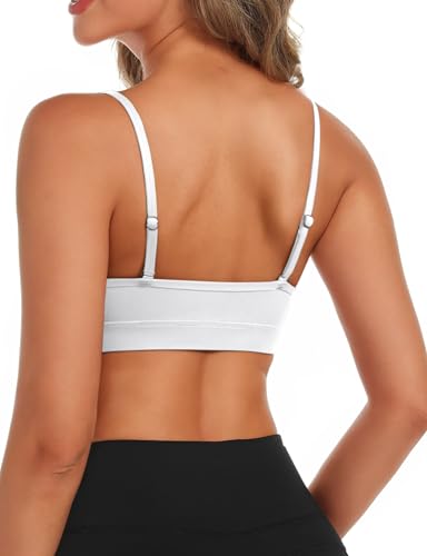 Buauty V Neck Sports Bra for Women, Padded Push up Women's Sport Bras Adjustable Thin Straps, Light Support Yoga Camisole Basic Top, Low Impact Spaghetti Strap Sport Racerback Bras White L3