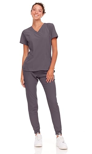 Natural Uniforms Womens Cool Stretch Jogger Scrub Set with Regular and Petite Sizes (Charcoal, Medium)
