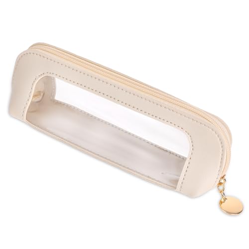 Psyqtsuary Small Clear Makeup Bag, PU Leather Travel Makeup Brush Case Portable Transparent Waterproof Cosmetic Organizer Pouch with Zipper for Women Home Travel Office Cosmetic Storage (Beige)