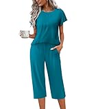 Ekouaer Capri Pajamas Set Women's Ruffle Sleeve Top and Capri Pants Soft Sleepwear Loungewear with Pockets,Medium,Peacock Blue