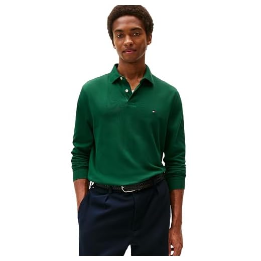 Tommy Hilfiger Camisa polo masculina de manga comprida em modelagem regular com stretch e algodão piquê orgânico, Verde ornamental, G