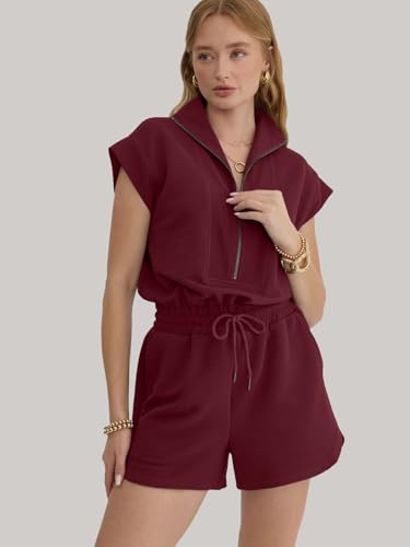 Image of Rompers for Women Summer Short Sleeve Half Zip Lapel Collar Jumpsuit Casual Drawstring One Piece Outfits with Pockets