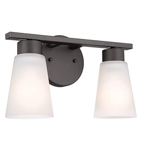Image of Kichler Stamos 2-Light Bathroom Vanity Light with Satch Etched Glass Shades, 13 inch Modern Wall Light in Olde Bronze, (13 inch x 8 inch x 5 inch)