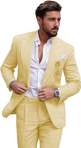 Men's Linen Suit for Beach Slim Fit 2 Piece Wedding Tuxedo for Men Casual Summer Beach Blazer Pants Set
