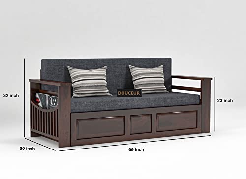 Image of Douceur Furnitures Solid Sheesham Wooden Sofa Cum Bed Queen Size with Storage for Living Room | Wooden Foldable 3 Seater Sofa Cum Bed with Headboard Folding Double Bed for Home Bedroom (Walnut)