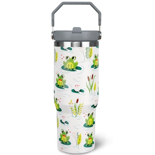 Jizrecly 30oz Frog Flip Straw Tumbler, Insulated Coffee Travel Mug with Handle and Straw, 30oz Frog Water Bottle Gifts for Women and Girls