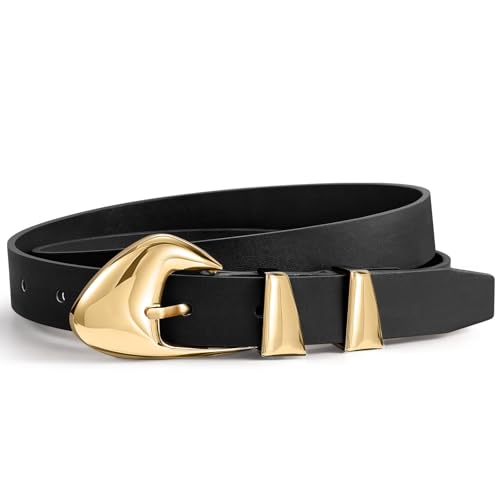 Skinny Belt, Black Leather Belt Women Belts for Jeans Dresses Pants with Adjustable belt Buckle 1” Width