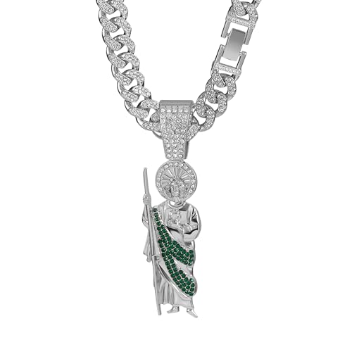 LUSSO 14K Gold Filled San Judas Necklace For Men And Women - 925 Sterling Silver Hip Hop Saint Jude Pendant 13mm Cuban Chain Religious,St Jude Necklaces, San Judas Chain