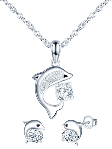 MICMIF Conjunto joyas de delfines con circonita in plata de ley 925, Collar para mujer con colgante y cadena 45cm, pendientes delfín para niña, juegos de joyas para novia mamá hija concierto