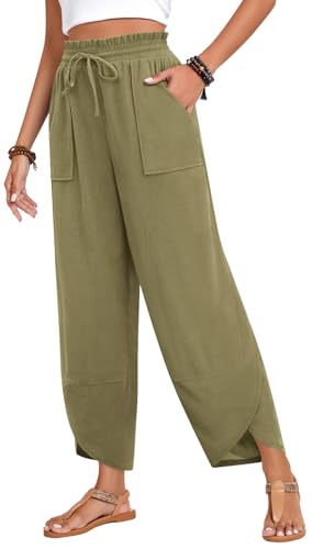 Anyhold Womens Baggy High Waisted Wide Leg Lounge Pants Drawstring Casual Palazzo Pants Trousers with Pockets