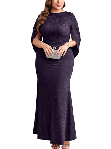 ZOMVA Plus Size Sparkly Glitter Mermaid Maxi Dress Sparkle Sequin Cape Sleeves Ruched Bodycon Dresses Cocktail Formal, Purple, 1X