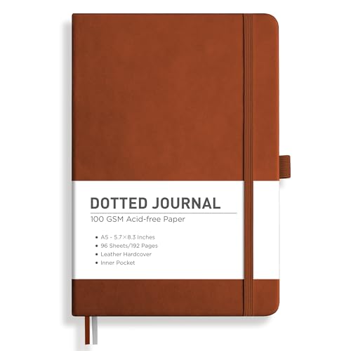 Image of RETTACY Dotted Journal Notebook, 192 Pages, A5 Medium Size (5.7'' x 8.3'') | Leather Hardcover, 100 GSM Thick Paper, for Journaling, Planning, Tracking (Brown)