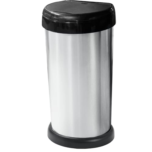 KetoBarrow 42L Moda Silver Touch Top Kitchen Bin Waste Rubbish Recycle Bin - Metal Effect D-Shaped 42 Litre