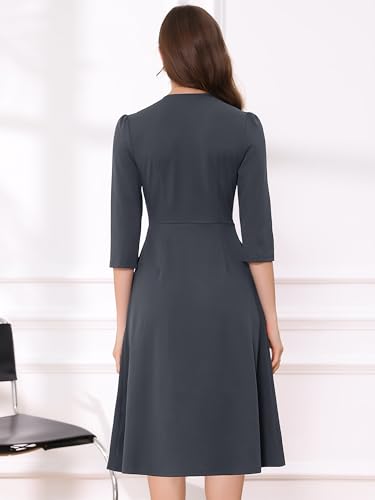 Image of Allegra K Womens 3 /4 Sleeve A-Line Business Work Formal Midi Dress | Elegant Dresses with Pockets, V Neck, Cockatail Party Church Funeral Outfits, Spring Fall Winter