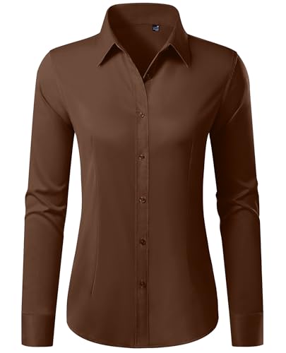 Gleeivy Button Up Shirts Women Stain Cotton Long Sleeve Wrinkle Free Formal Business Dress Shirt Classic Fit Solid Women Satin Stretch Casual Work Office Waitress Server Coffee