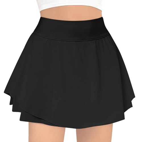 B&GCozy Girls Tennis Skirt, Double Ruffle Golf Running Yoga Workout Skorts with Pockets, Black 8-9 Years